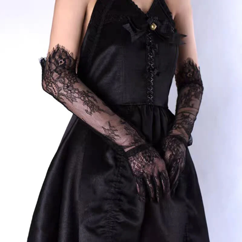 مثير تول طويل أسود قفازات برباط السيدات رقيقة واقية من الشمس شبكة رمش تنفس القفازات فستان الزفاف الملحقات