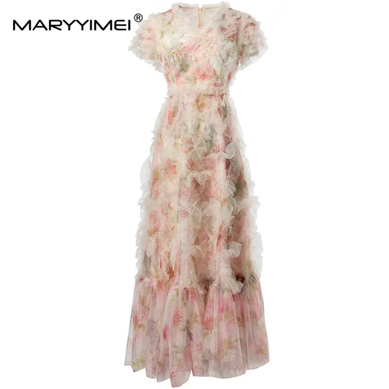 

MARYYIMEI Summer Women's Ball Gown Dress V-Neck Short-Sleeved High Waiste Edible Tree Fungus Edge Elegant Gorgeous Party Dresses