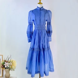 French Elegant Autumn Lace Embroidery Patchwork Organza Long Dress Runway Women Turtleneck Lantern Sleeve Slim Party Dress Robe