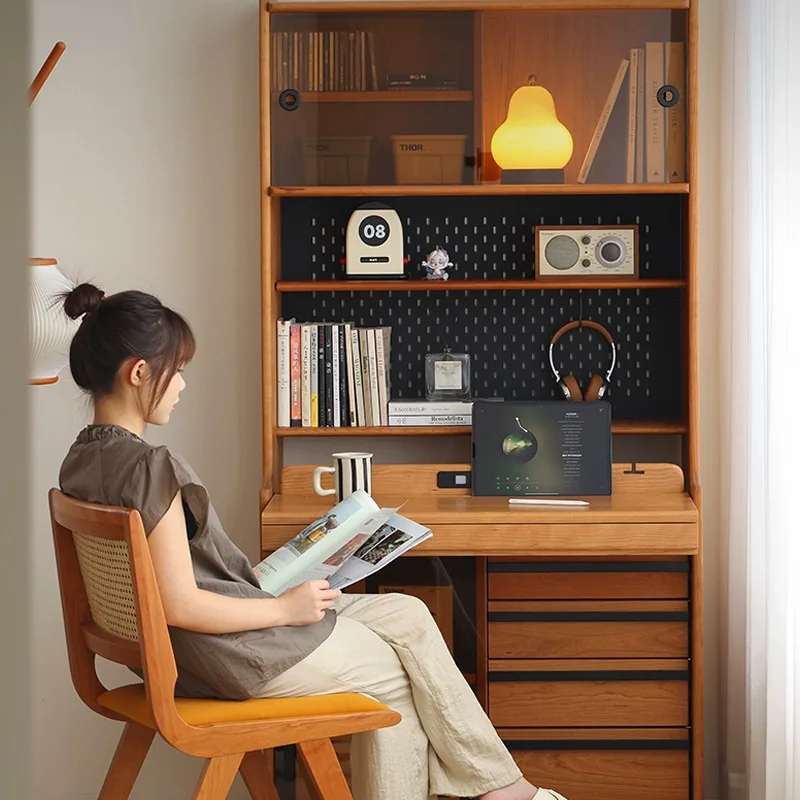 Nordic cherry wood folding desk bookcase integrated solid wood telescopic pull computer desk bookshelf