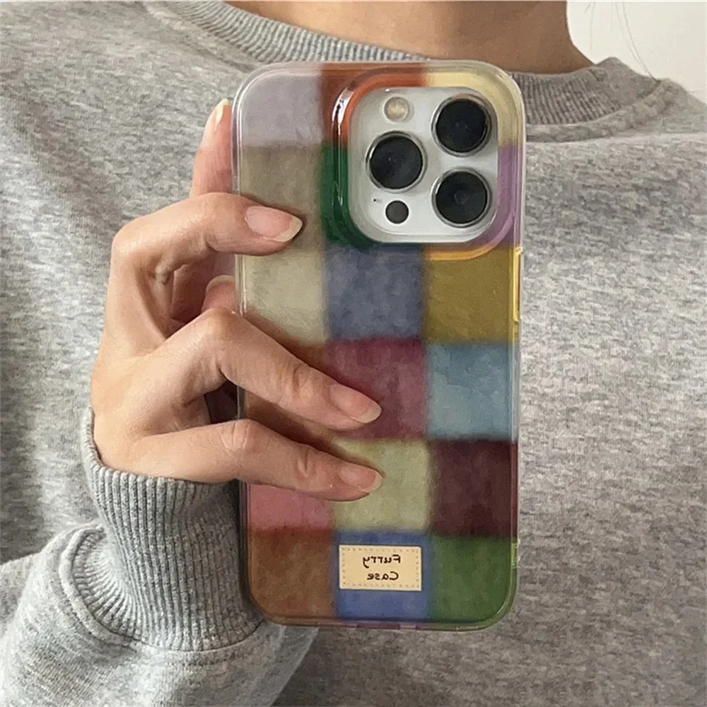 Dopamine Color Block Match Plaid Phone Case For iPhone 16 15 14 13 12 11 Pro Max XS XR X SE2 7 8 16 Plus Grid Label Matte Cover