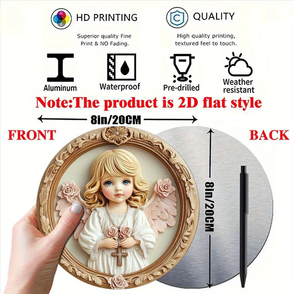2D Flat, 1pc Vintage Angel Girl Round Aluminum Wall Art Sign - 8x8 Inch Floral & Cross Design, Horizontal Home Decor for Living