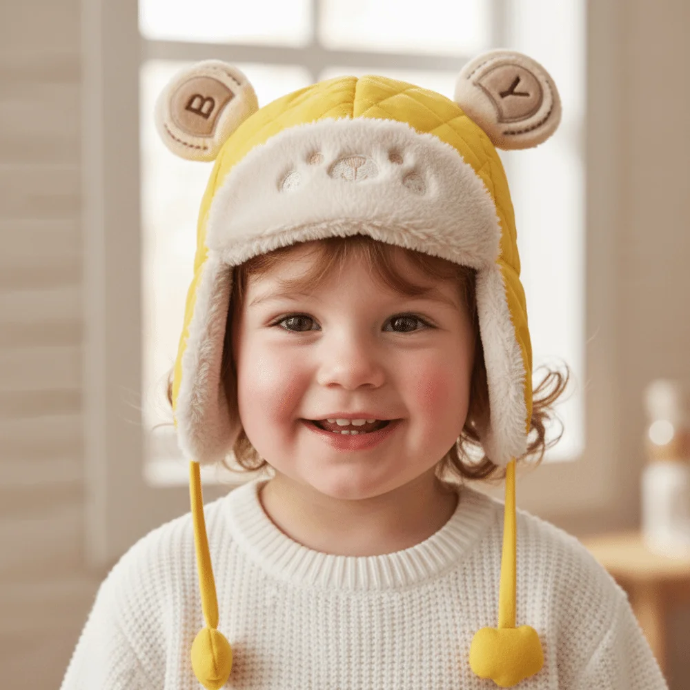 

Windproof Cartoon Bear Baby Hat Plush Thicken Earmuffs Toddler Cap Ear Protection Adjustable Trendy Baby Beanie Cap Gifts