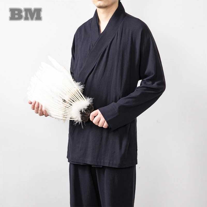 

Китайская традиционная одежда, весна-осень, винтажная рубашка больших размеров для мужчин, кардиган тай-чи кунг-фу, льняные черные свободные топы ханьфу