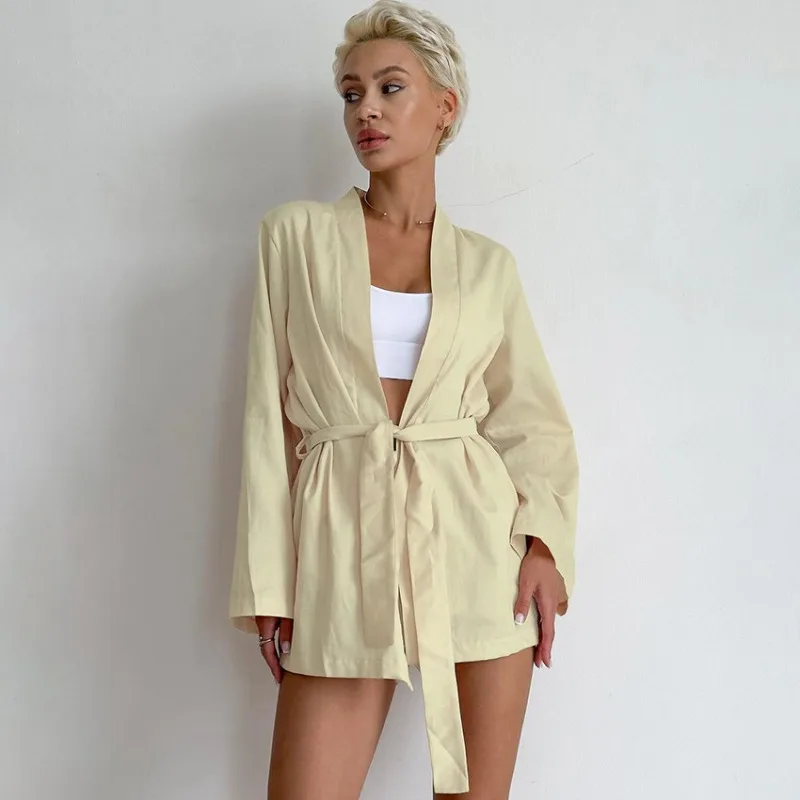 Spring Autumn Women's Loungewear Set Long Sleeved Pajama Nightgown Slit Shorts Pure Cotton Causal Style Two Pieces L Size Robe