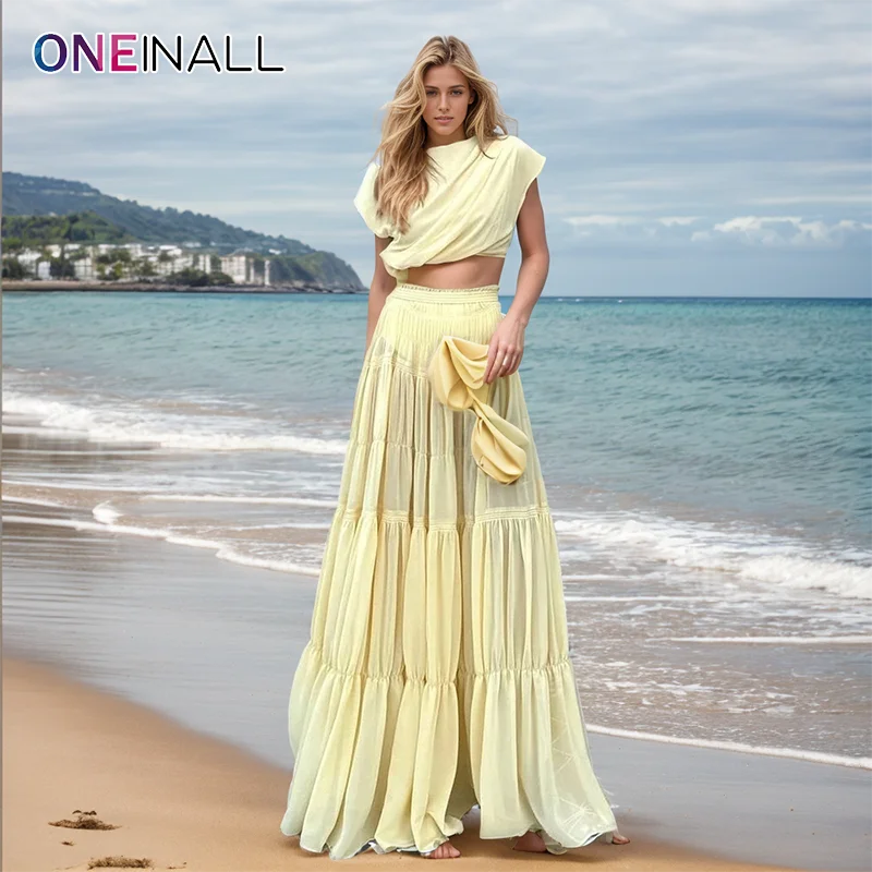 

ONEINALL Solid Elegant Two Piece Set For Women O Neck Sleeveless Short T Shirt High Waist Reched Long Dress Summer Suit Female