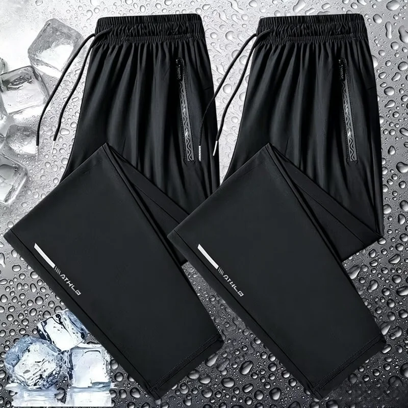 Ice Silk Men's Pants Summer New Black Gray Thin Business Casual Pants Elastic Breathable Gym Sports Pants Outdoor Hiking Pants