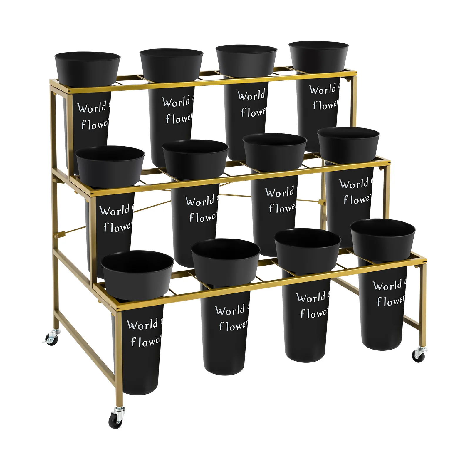 3 Layers Flower Display Stand with 12PCS Black Buckets,Metal Moving Plant Stand with Wheels, Garden Cart Display Flower Shelf image 5