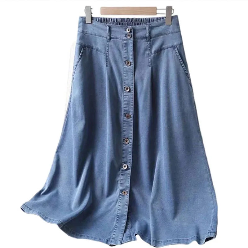 2023 All-match Fashion Elastic Waist Long Skirts for Women Spring Solid Color Single Breasted Pockets Korean Style Denim Skirt