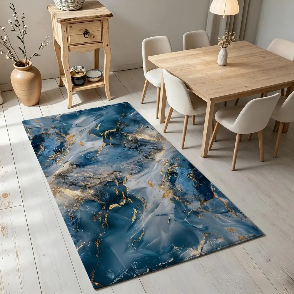 2D 1 pc Soft, Easy to Manage, Machine Washable Indoor Rug, Blue Gold Marble Pattern, Suitable for Living Room, Bedroom, Entryway, Home Office, Foyer, Under Dining Table, Rustic Home Decor