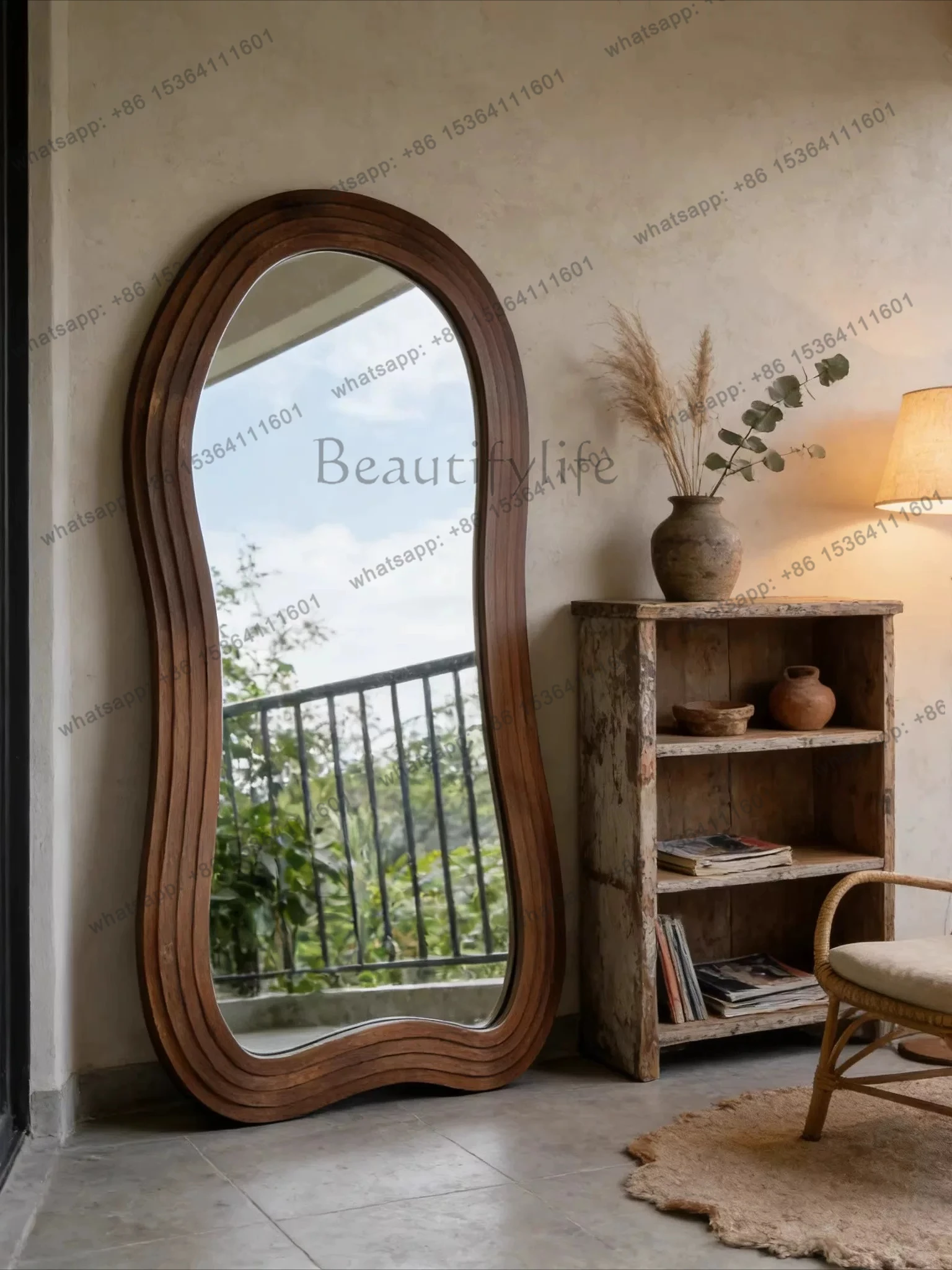 

American wabi-sabi full-length mirror French retro floor-to-ceiling decorative mirror