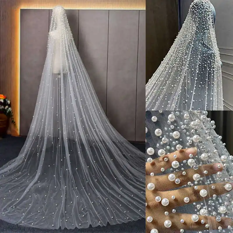 

Graceful Wedding Bridal Veils Women One-Layer Embroidery Pearls Cathedral Veil Princess Bride Dress robes de soirée Customized