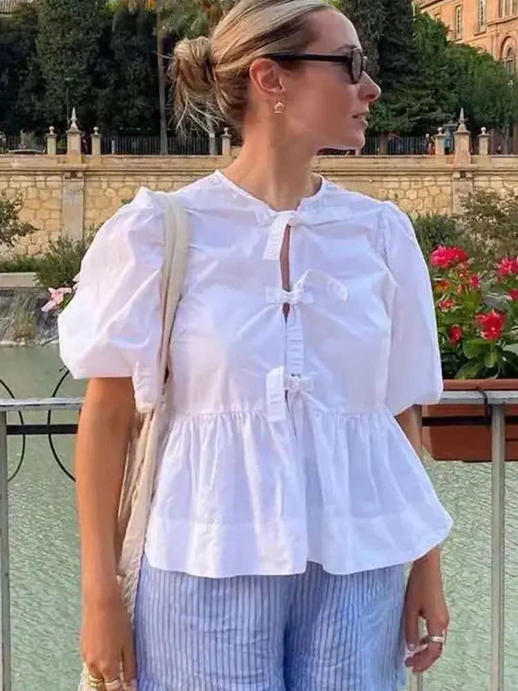 HH Fashion Solid Hollow Out Shirt Women Casual O Neck Short Sleeved Lace Up Tops Chic Female Casual Blouse Streetwear 2024