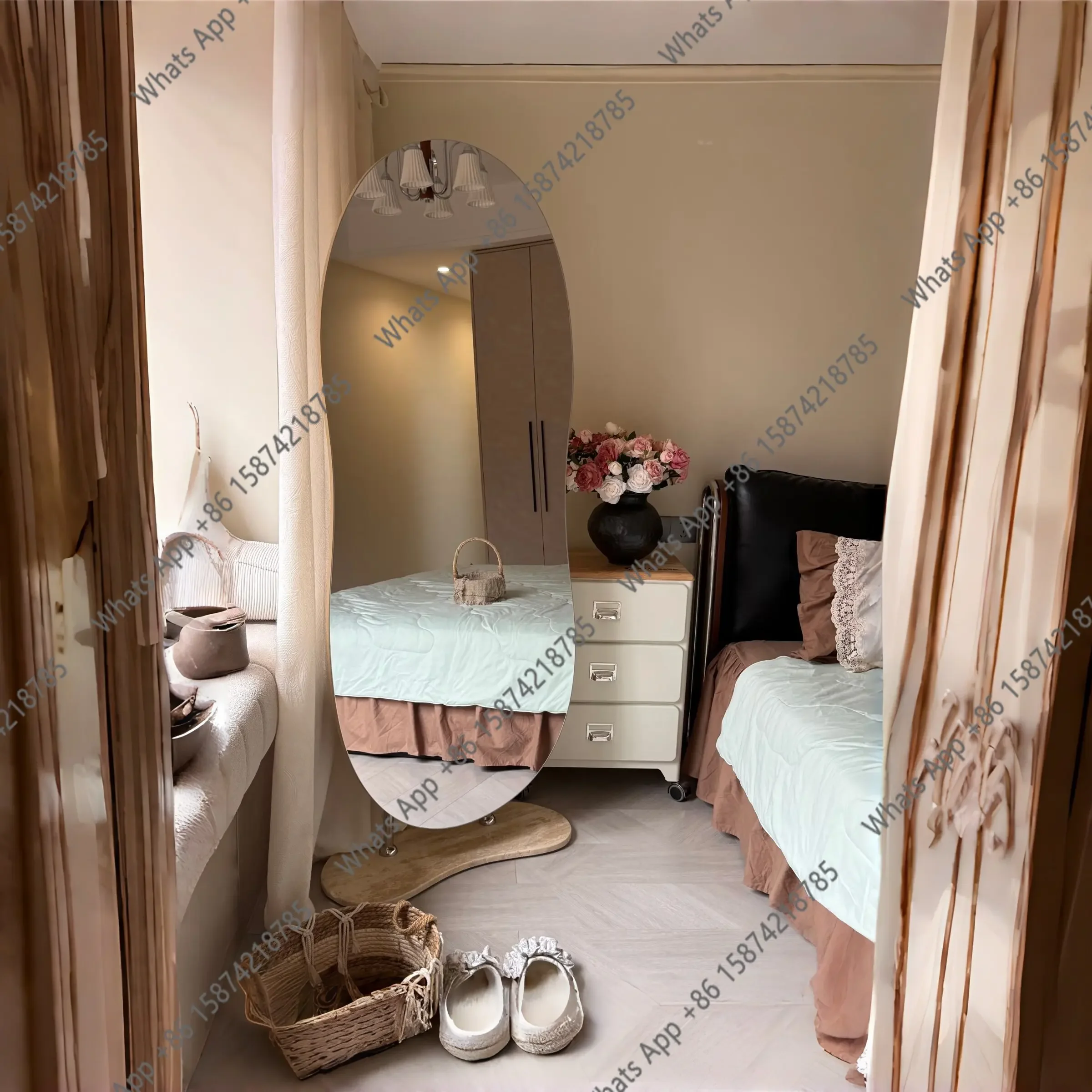 40X Full Body Mirror Travertine Base Floor Mirror Clothing Store Fitting Home High Definition Ultra-white Glass Mirror