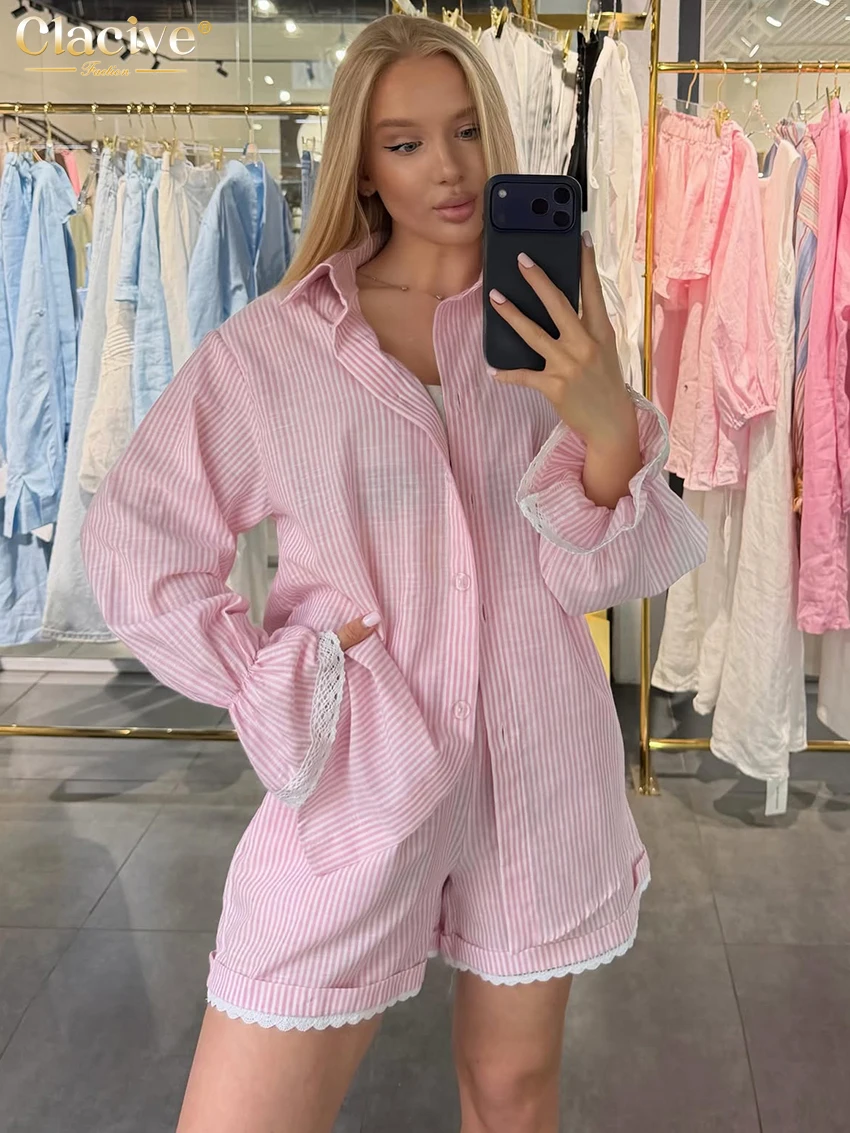 Clacive Fashion Loose Pink Stripe 2 Pieces Set For Woman 2027 Elegant Long Sleeve Blouse With High Waist Shorts Set Female