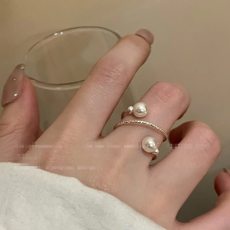 Simple Double Pearls Ball Open Adjustable Rings For Women Personality Round Pearl Geometric Index Finger Ring Wedding Jewelry