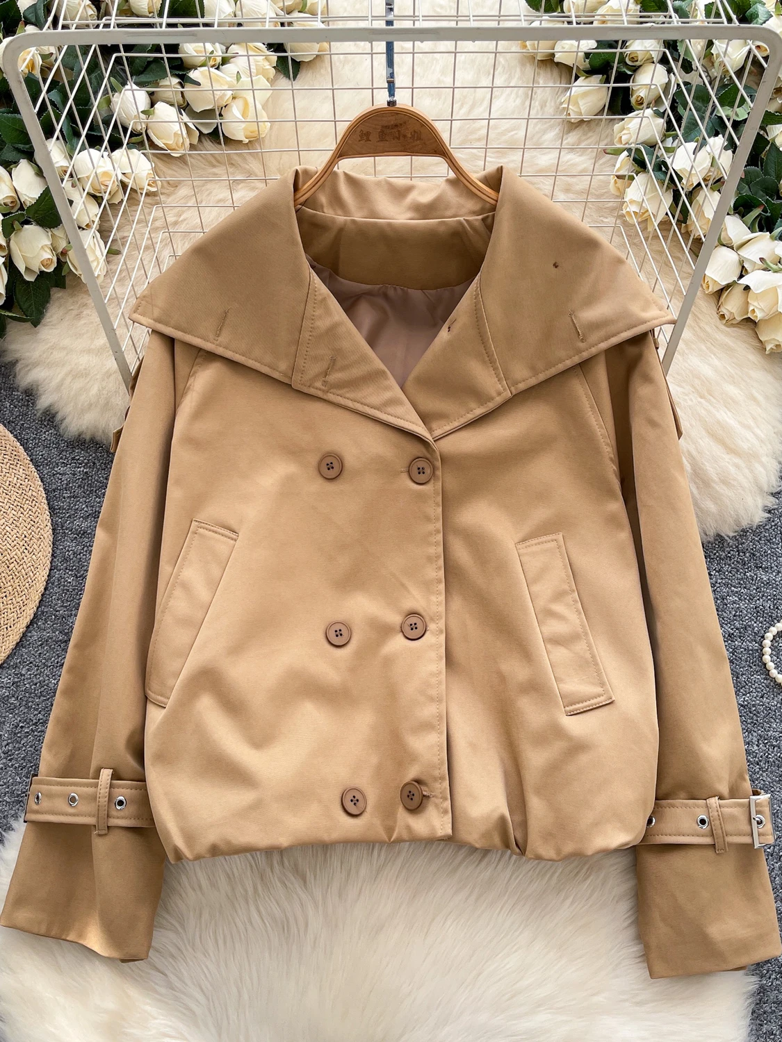 

Korean Sle ort Double-Breasted Stand Collar Women's Jaet Faionable Versatile Autumn Windbreaker Ladies' Coat