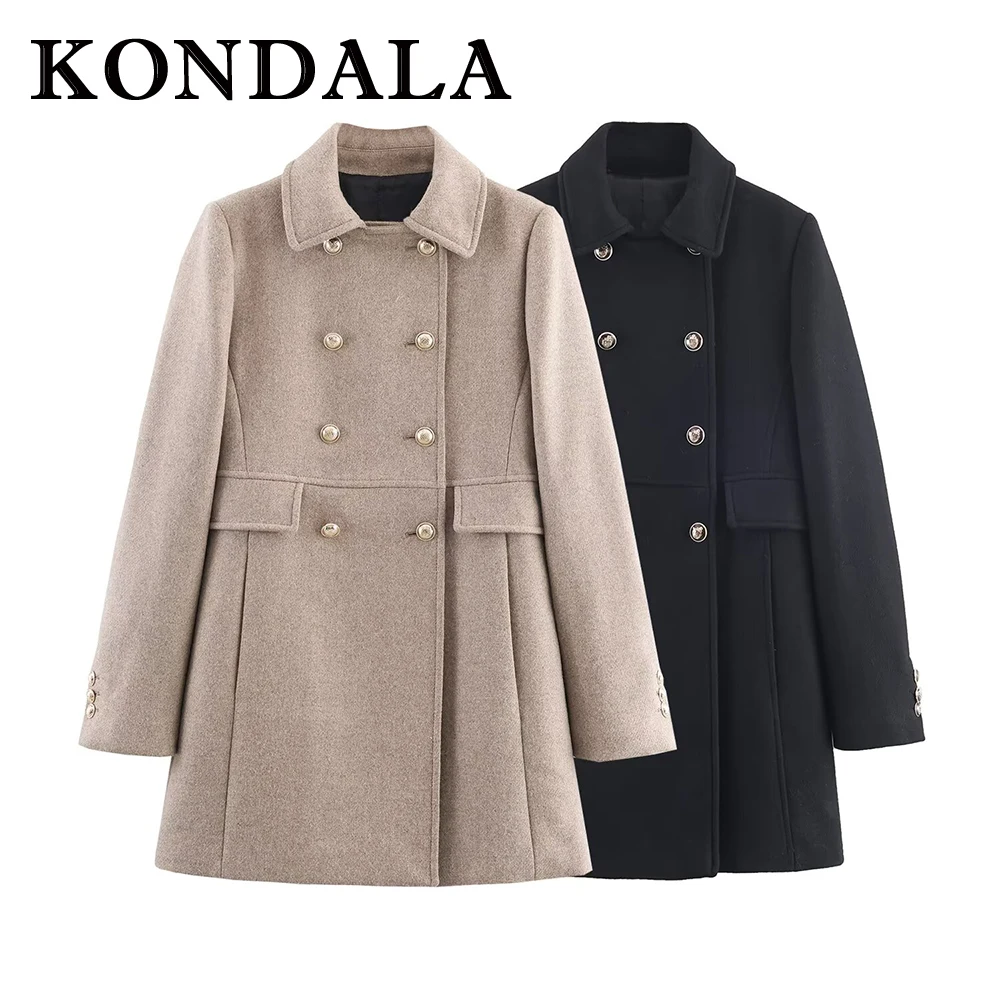 

KONDALA Chic 2025 женские винтажные элегантные двубортные пуговицы с отложным воротником уличная одежда Losse осенние повседневные женские пальто
