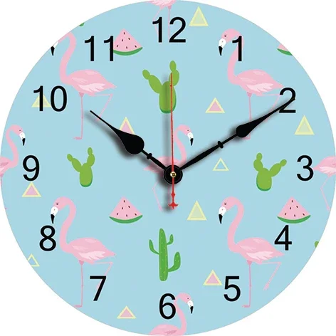 Cactus Flamingo Wall Clock Living Room Bedroom Round Silent Clock Dining Room Office Decoration Clock Home Carfts Art Decor