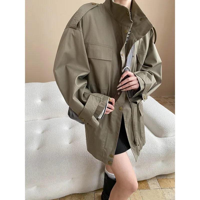 EAEOVNI Vintage Khaki Mittellange Windjacke Frauen Taschen Kordelzug Geraffte Taille Mantel Jacke Mode 2025, Herbst Neue