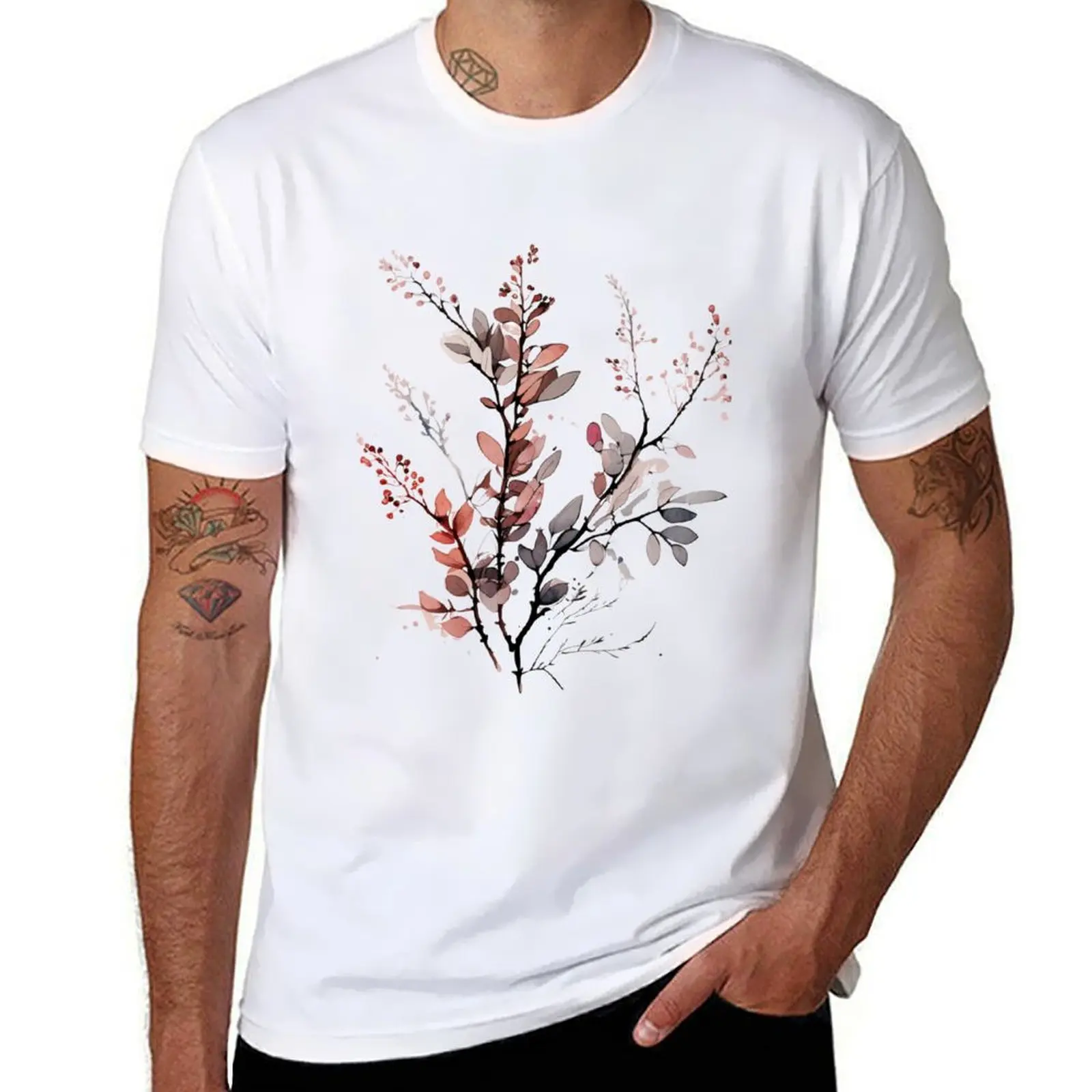 

Spring 100% T-Shirt Beautiful Branch Painting Botanical shirts Minimalistic Watercolor cotton t man