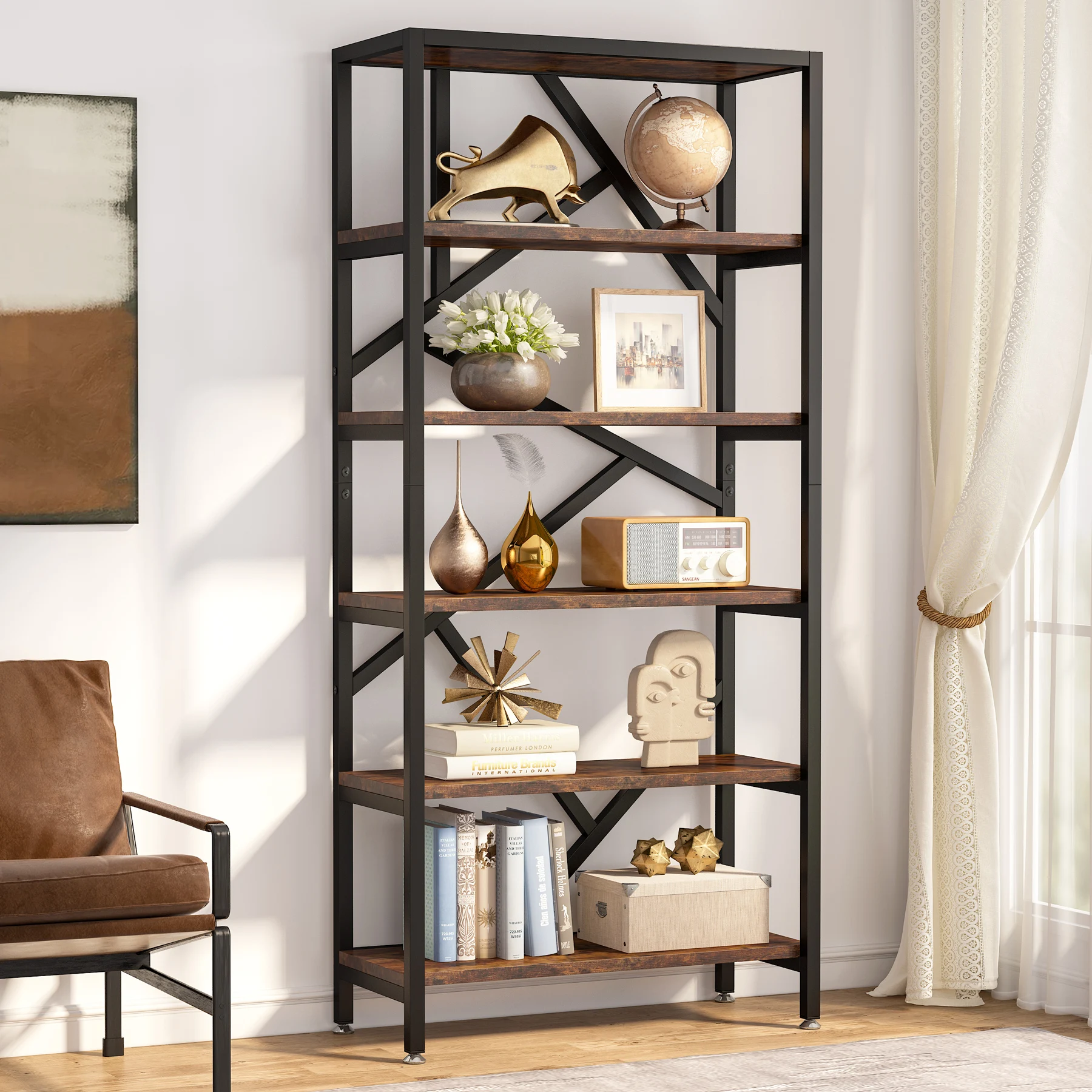 

#ji Industrial Wood Bookshelf Living Room Metal Frame Corner Furniture Bookcases MDF Wooden 5 Tiers Book Shelf
