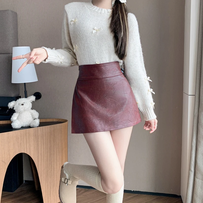 

2024 Women's Autumn and Winter Solid Mini Skirt Shorts Female High Waist Short Leather Sexy Skirts Chic And Elegant Woman Skirt