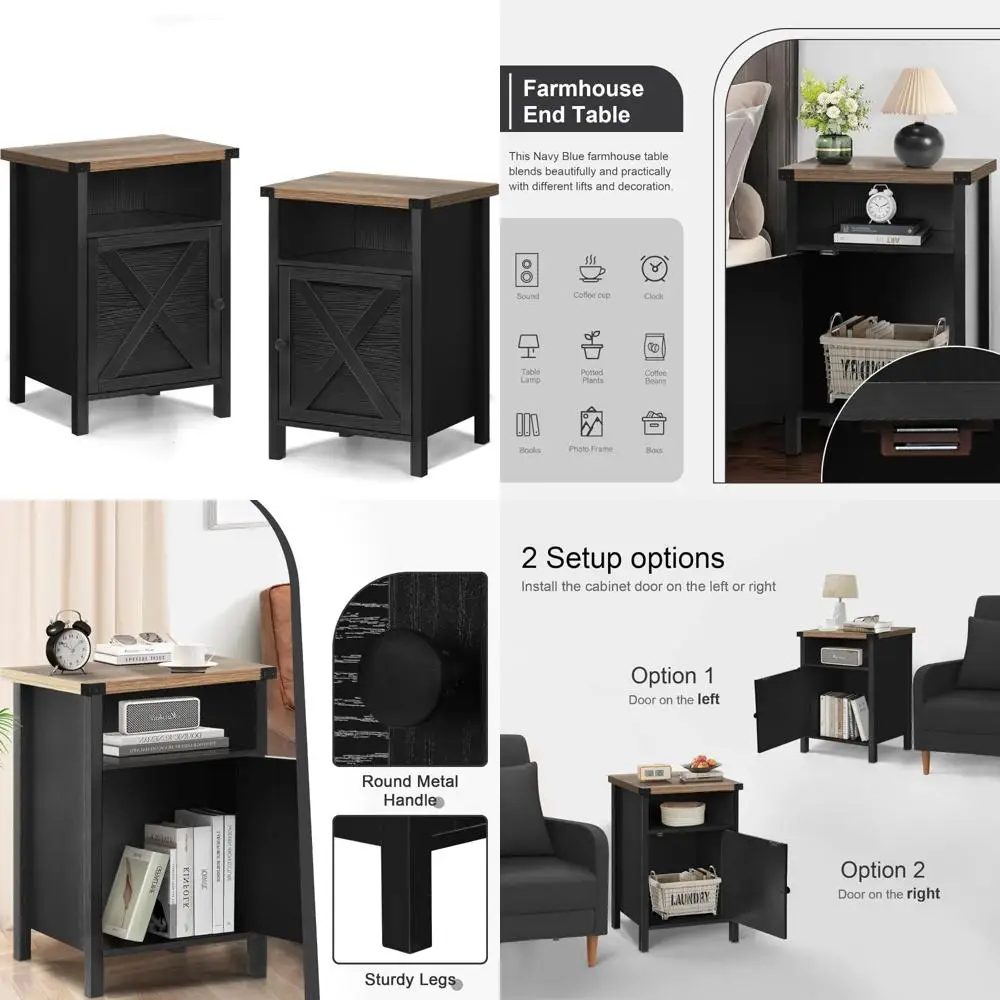 Rustic Modern Farmhouse Nightstand with Barn Door and Shelf, Wooden Sofa Side Table for Bed, End Tables