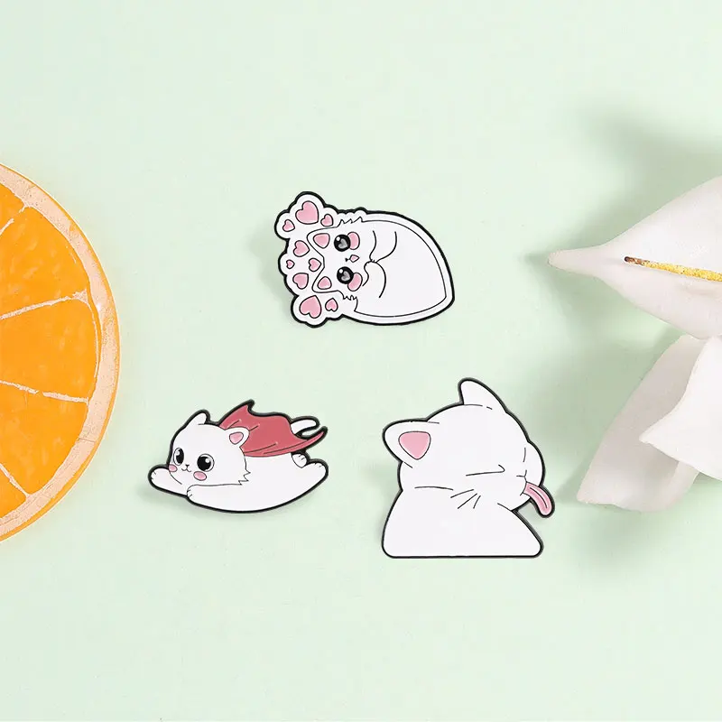 Cute White Cat Enamel Pins Cartoon Shy Heart Tongue Out Kitten Super Hero Kitty Brooches Strabismus Cat Animal Badge Jewelry Gif