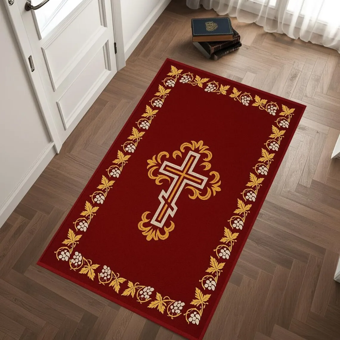 Luxury Red Gold Cross Prayer Rug Orthodox Church Altar Floor Mat Religious Worship Carpet Sacred Home Decoration Area Rug