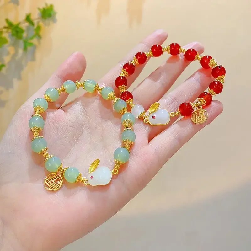 Natural Red Vermilion Jade Rabbit Bracelet Inlaid with Hetian Jade Rabbit Round 8mm Beads String Fashion Jewelry Lady Mom Gift