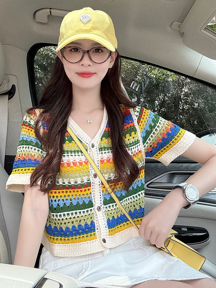 

Летний стиль: Модная женская укороченная вязаная футболка с V-образным вырезом и коротким рукавом, омолаживающая, в стиле Dopaamine Reducing Age