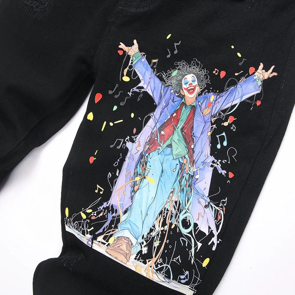 الرجال جوكر طباعة الجينز مهرج شخصية التصحيح سليم مدبب السراويل فاسق الأسود الدينيم سراويل قطنية #4