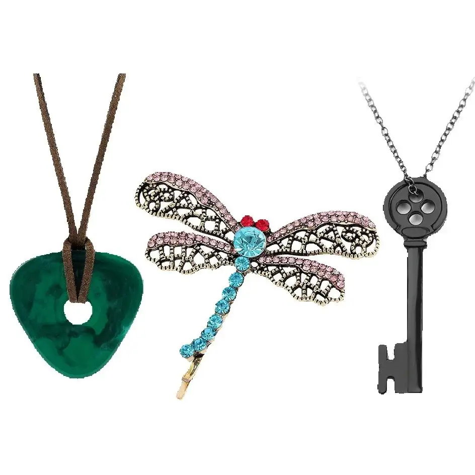 Movie Necklace Green Seeing Stone Pendant Necklace Rope Chain Black Skeleton Key Choker Dragonfly Hairpin Jewelry Gift