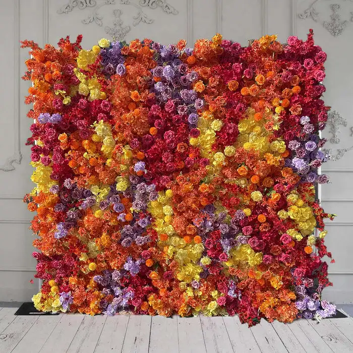 Autumn Collection Luxury Orange Rose Yellow Hydrangea 3D artificial plant flower wall outdoor wedding party background decoratio