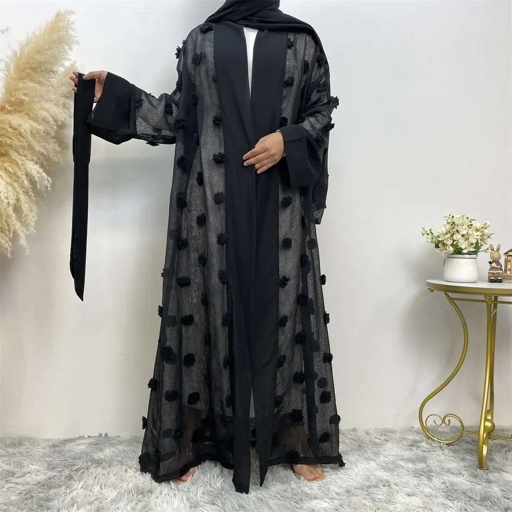 

Muslim Applique Loose Lace-up Dress for Women Fashion with Lace-up Party Dress Cardigan Abaya Muslim Simple Robe with Head Scarf