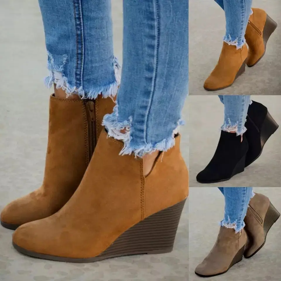 2024 New Women Pumps Boots High Quality Lace-up European Ladies Shoes PU High Heels Boots Plus Size 42 43 Wedge Heel Boots