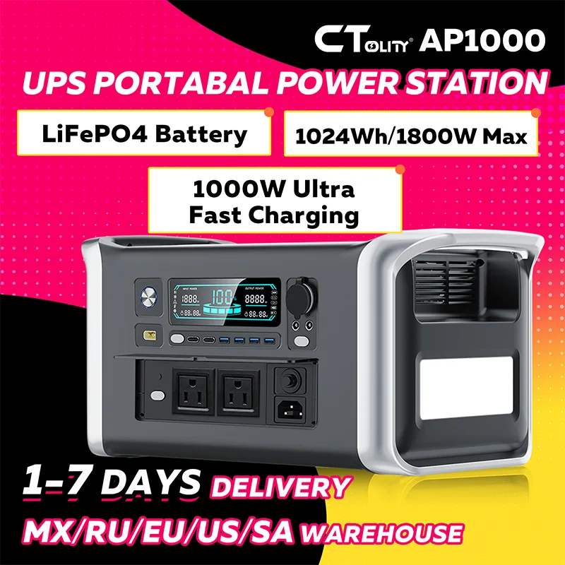

CTOLITY AP1000 1600W Solar Generator 1024Wh Portable Power Station LiFePO4 Battery 1 Hr Fast Charge Outdoor Camping RV Home Back