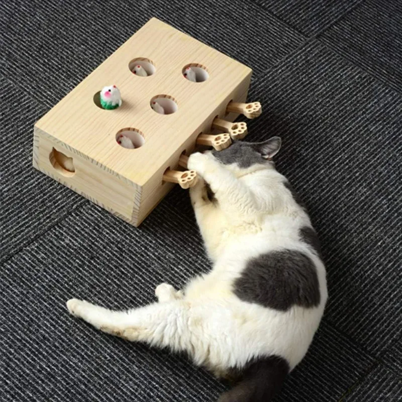 Funny Cat Hunt Puzzle Toy Wooden Maze Pet Hit Hamster Catch Bite Interactive Toys with 5-hole Mouse Holes Cats Toy Pet Supplies