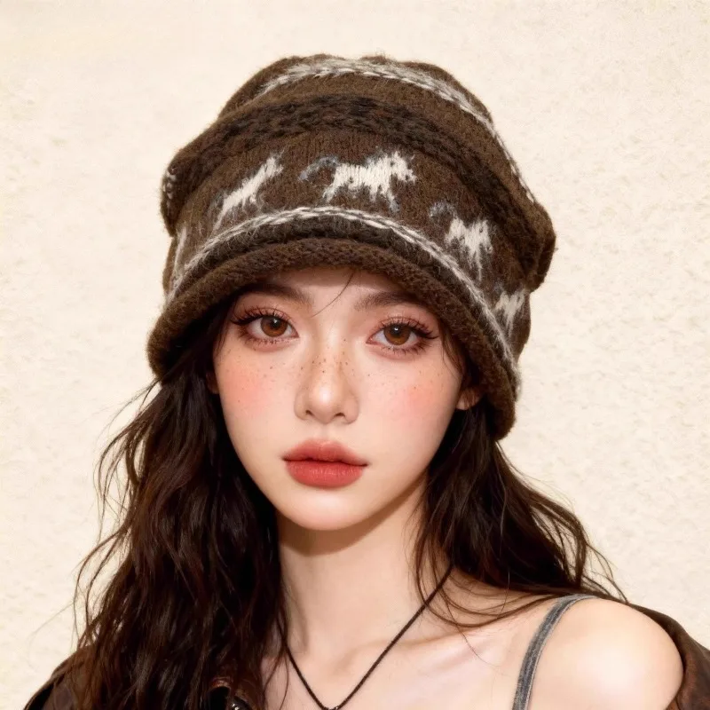 

Корейские жаккардовые вязаные шапки в стиле ретро для женщин, осенние и зимние теплые универсальные милые завитые элегантные шапочки для путешествий