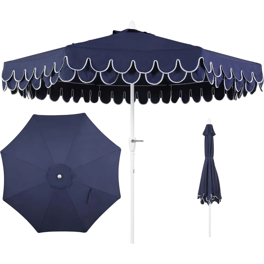 

UMB1002G Tracy 9 ft. Classic MidCentury Scalloped Fringe Market Patio Umbrella with Auto-Tilt Crank, Wind Vent and UV Protectio
