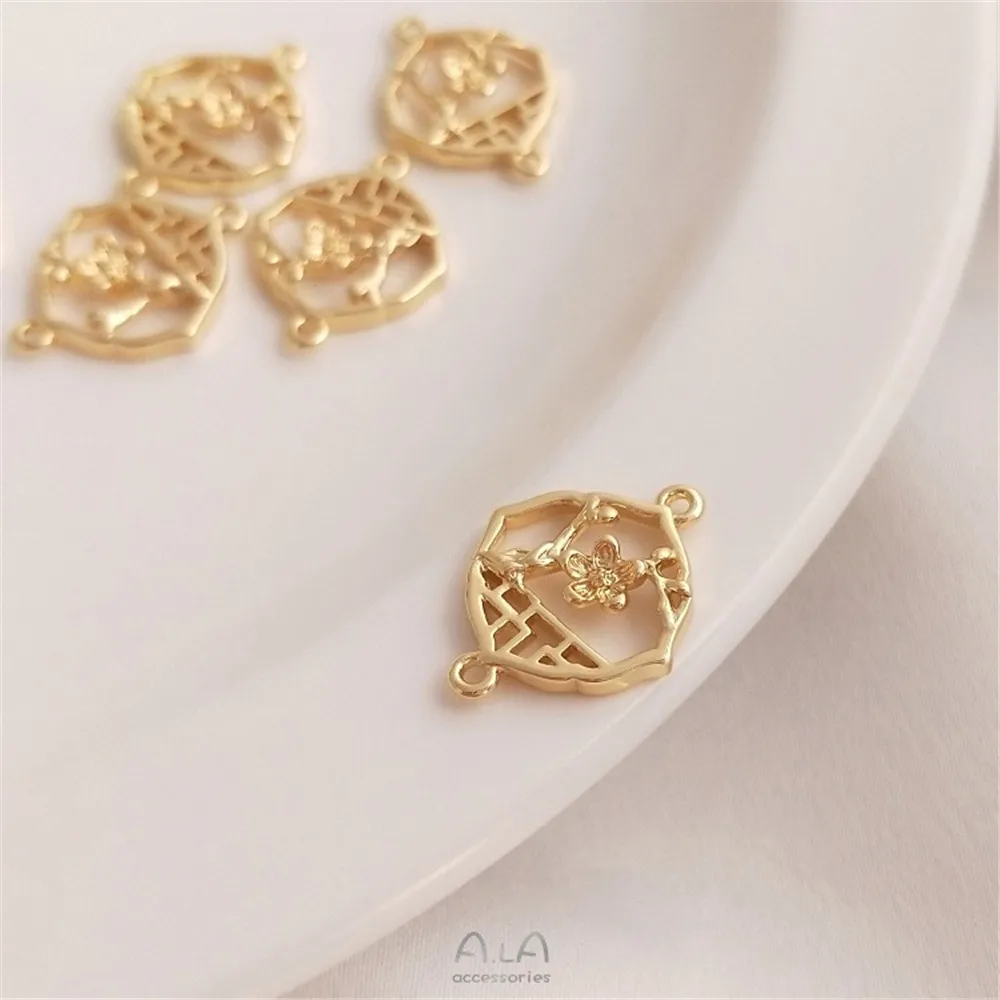 

14K Gold Copper Plated Real Gold Plum Blossom Window Double Hanging Connector Handmade Diy Antique Earrings Hairpin Pendant