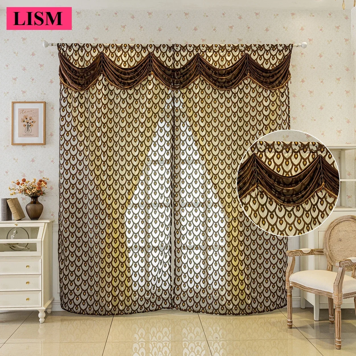 

Light Luxury American Embroidered Gauze Double-layer Cloth Screen Blackout Curtains for Living Room Bedroom Lace Valance Custom