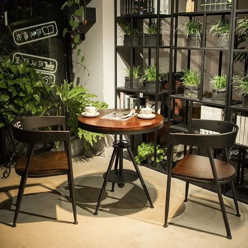 Industrial Style Solid Wood Dining Table and Chairs Set for Cafe Bar Milk Tea Shop BBQ Restaurant Creative Furniture