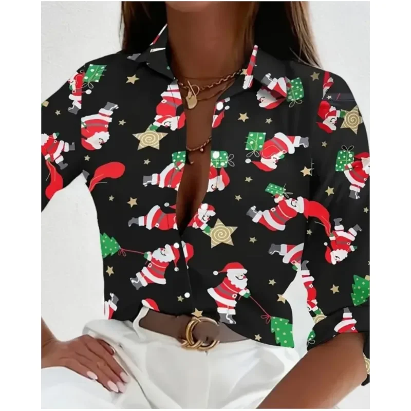 New Women\'s Lapel Button Long Sleeved Shirt Commuting style Christmas Halloween Printed Comfortable Shirt For Women Tops Blouses