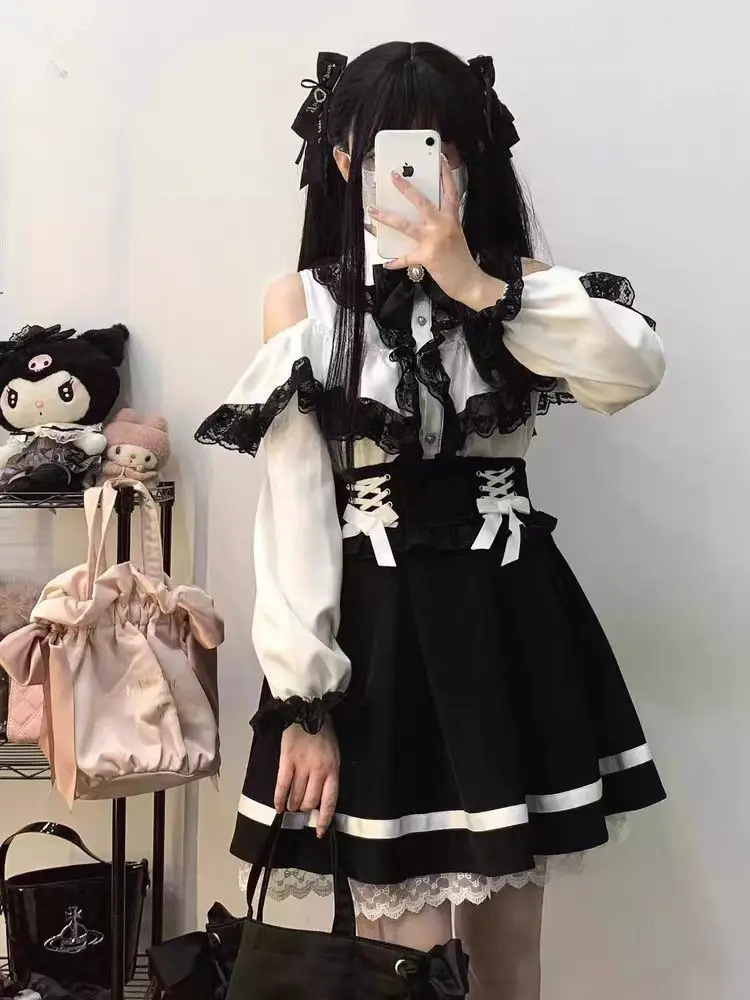 

Японский комплект из двух предметов Sweet Lolita, кружевная блузка с открытыми плечами и пышная юбка с галстуком-бабочкой, готический наряд Kawaii Coord для женщин S-XL