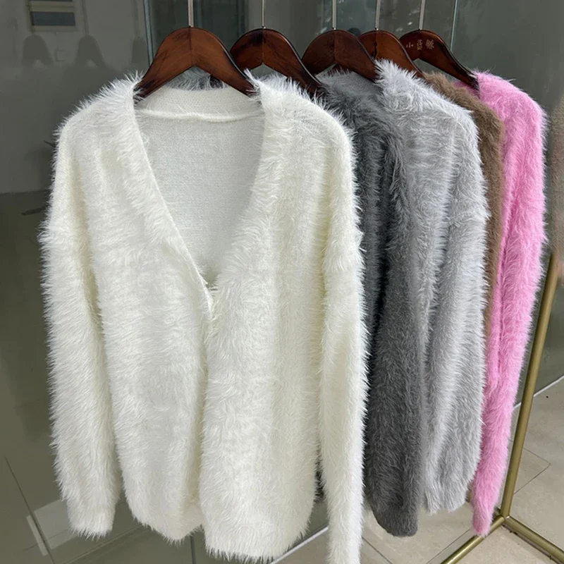 TARUXY Knitted Cardigan Women V Neck Loose Long Sleeve Casual Sweater Female 2024 Autumn Winter New Fashion Cardigans Ladies