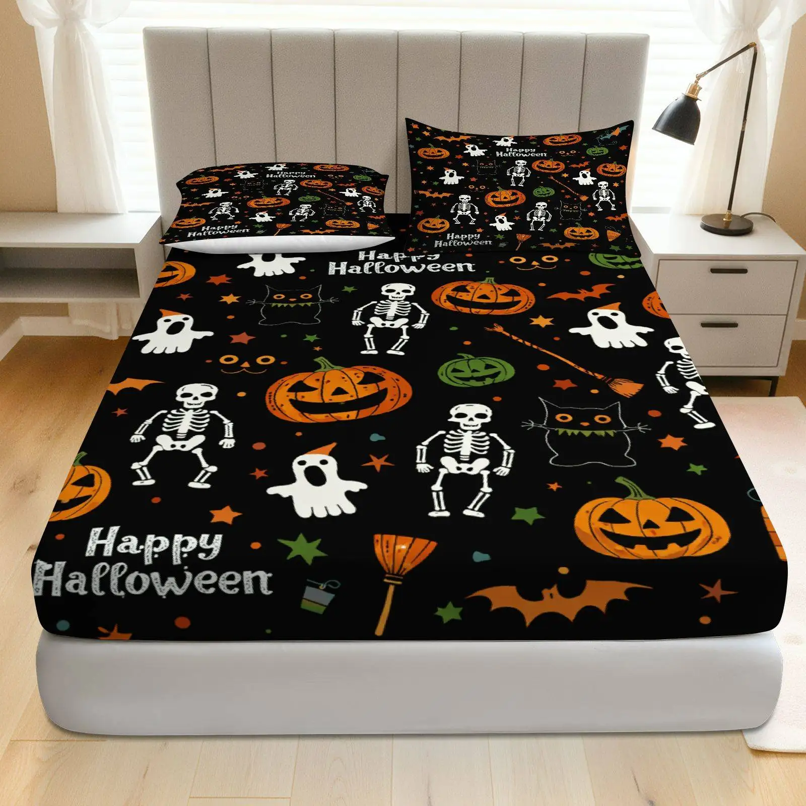 Three-piece fitted sheet set, digital print three-piece fitted sheet set, Halloween-themed bedding, pumpkin and ghost designs (includes 1 fitted sheet + 2 pillowcases), 3-piece set, large-capacity deep pocket 2D printed fitted sheet and 2 pillowcases, mattress protector, fitted elastic style, suitable for all seasons, machine washable design, holiday decoration, various sizes, breathable protector with pillowcase
