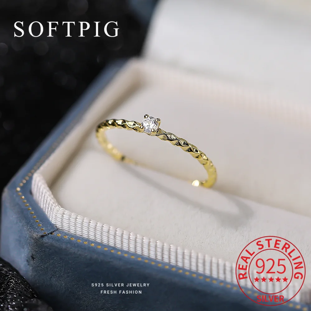 SOFTPIG Genuine 925 Sterling Silver Sparkling Zircon Wedding Adjustable Ring for Women Classic Fine Jewelry Luxury Accessories