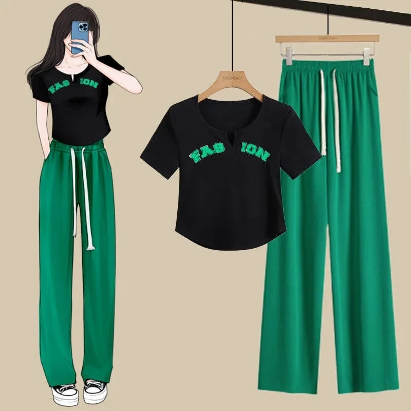 Summer Women\'s Casual Cozy Clothing Korean Lady Fashion Letter Slim T Shirt Wide Leg Pants Sets 2023 Short Sleeve Tops Trousers